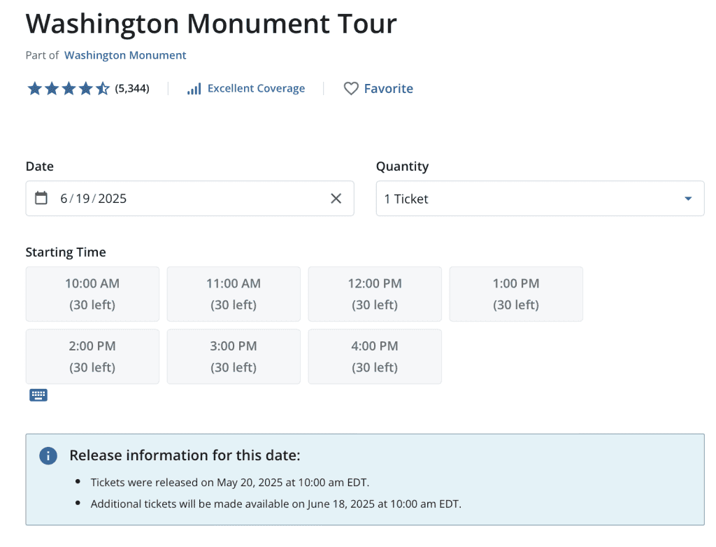 Ticket booking interface for a Washington Monument Tour on June 19, 2025, showing 30 available slots for each hourly time from 10:00 AM to 4:00 PM. A notice at the bottom states that tickets were released on May 20, 2025, and more will become available on June 18, 2025, at 10:00 AM EDT.